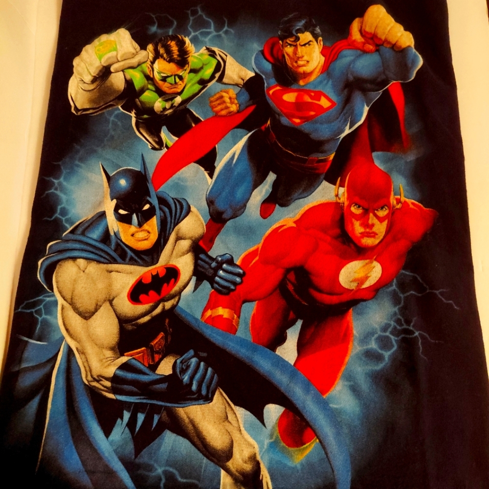 Justice: Superhero Graphic T-Shirt Batman Robin Superman Flash Men Lg EUC VTG